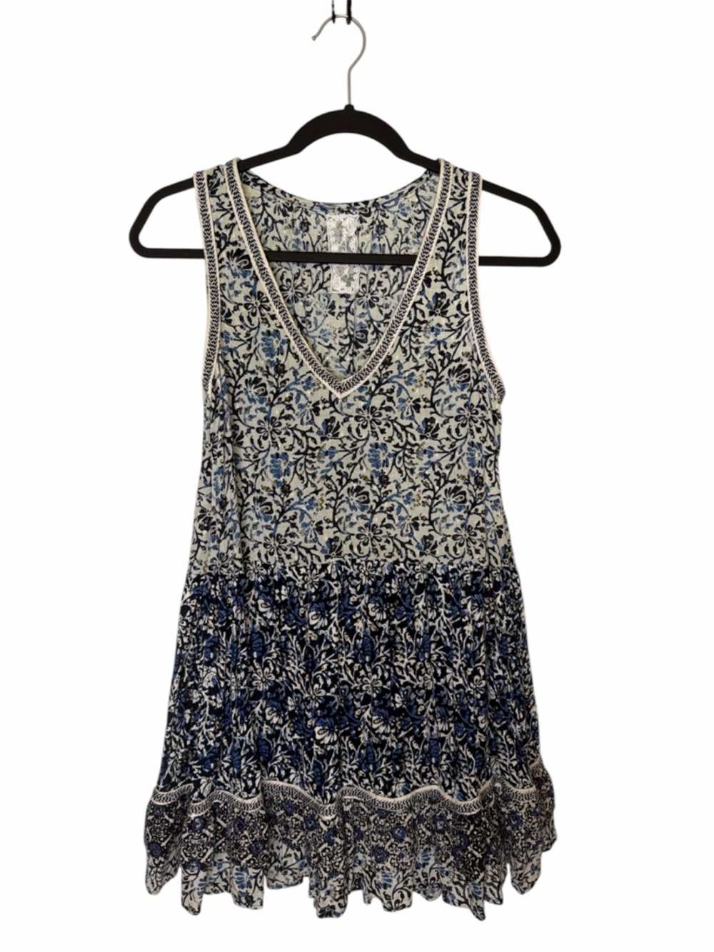 Sadie & Sage Small Blue White Floral Boho Dress Sleeveless V Neck Ruffle Size S